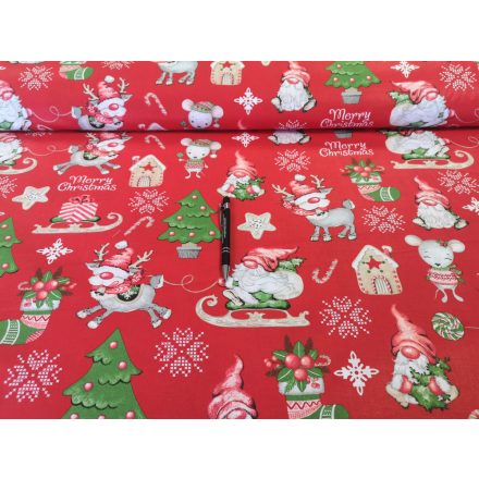 Karácsonyi mintás pamutvászon - piros alapon rénszarvas - télapó mintás -160 cm