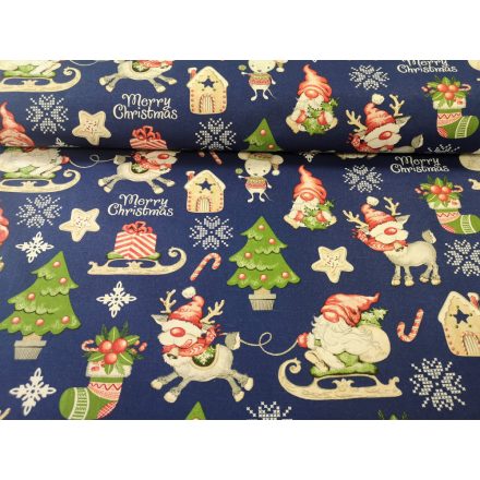 Karácsonyi mintás pamutvászon - kék alapon rénszarvas - télapó mintás -160 cm