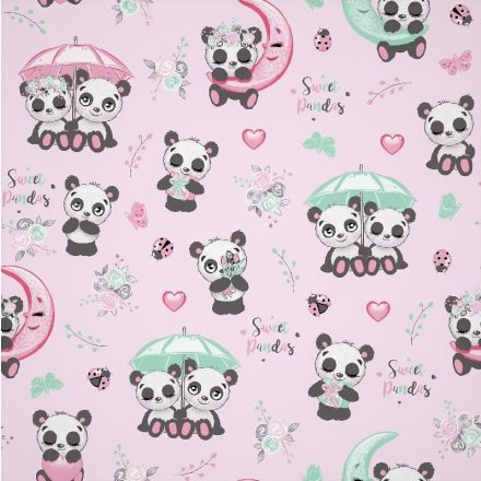 Rózsaszín alapon édes panda mintás pamutvászon - 160 cm