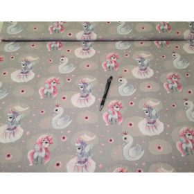   Világosszürke alapon tündér - unikornis - hattyú mintás pamutvászon