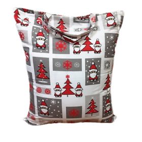 Piros - szürke mikulás - képeslap mintás karácsonyi textil ajándékátadó táska 35x45 cm