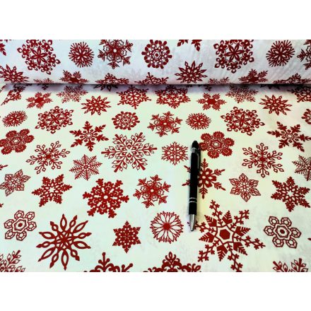 Karácsonyi Pamutvászon textil - Fehér alapon - Piros Hópihe mintás / 240 cm széles