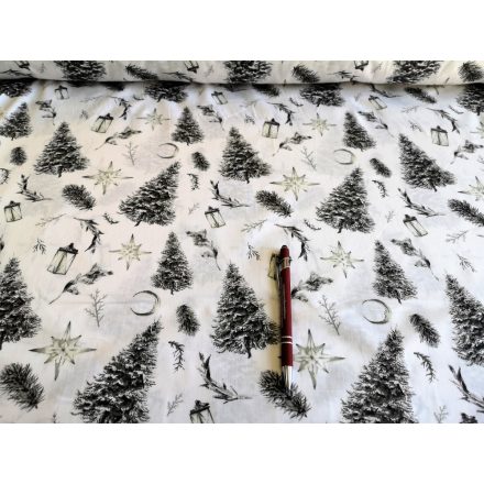 Fehér alapon ezüstfenyő mintás karácsonyi pamutvászon - 160 cm 