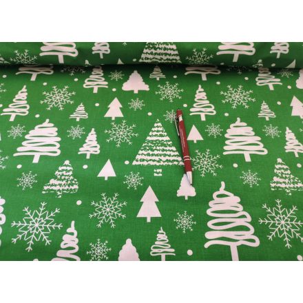 Karácsonyi pamutvászon méteráru zöld alapon fehér  fenyőfa mintával - 160 cm széles