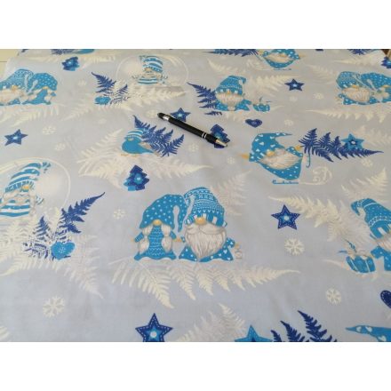 Karácsonyi pamutvászon textília kék manós - páfrányos mintával