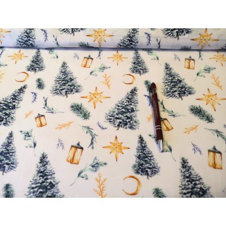 Ezüstfenyő - arany csillag mintás karácsonyi pamutvászon textil - 160 cm