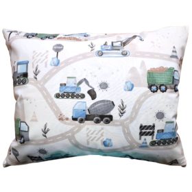Gyermek mintás kispárna huzat - fehér alapon munkagépek az úton