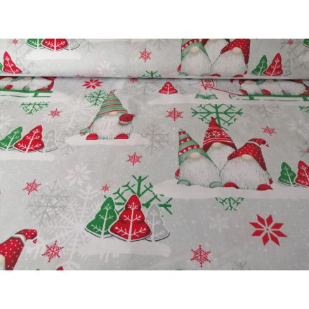 Piros - zöld karácsonyi manós mintás pamut textília.