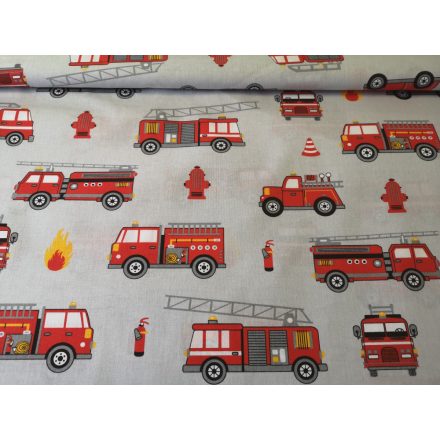 Tűzoltó autó mintás gyermek pamutvászon textília 160 cm széles.