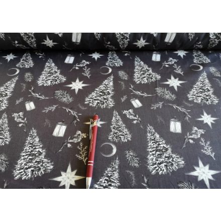 Szürke alapon ezüstfenyő mintás karácsonyi pamutvászon - 160 cm széles 