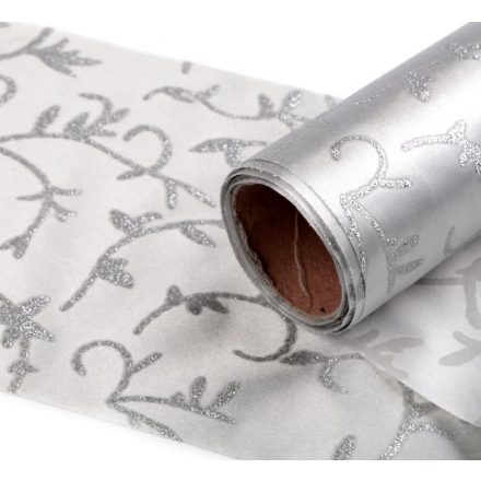 Halványszürke szatén szalag csillogó ezüst színű motívummal - 14 cm széles, egyoldalas.