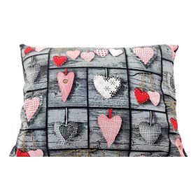 Szürke - piros szíves pamut kispárna huzat, 40 cm x 50 cm, cipzáras záródású.