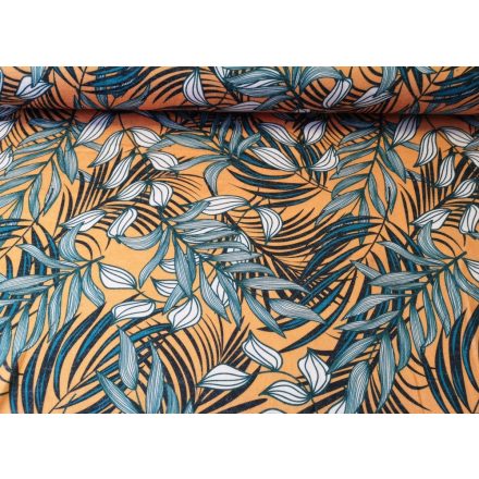 Narancssárga alapon trópusi levél mintás jacquard textil - 150 x 110 cm