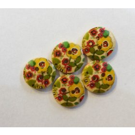 Kerek kétlyukú fagomb virág mintával, átmérő 18 mm, 6 db-os kiszerelésben.