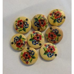 Kerek, kétlyukú fagomb virágmintával 8 db-os kiszerelésben, átmérő 18 mm.