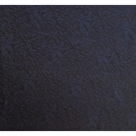 Fekete alapon sötétkék nyomott rózsa  mintás rugalmas jacquard textil - 150 x 35 cm
