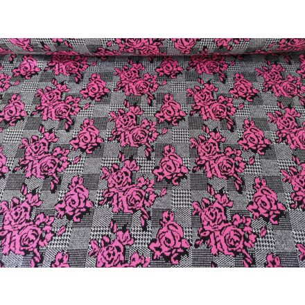 Szürke kockás - rózsa mintás jacquard textil - 150 cm