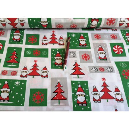 Mikulás képeslap mintás karácsonyi pamutvászon piros - zöld - 160 cm
