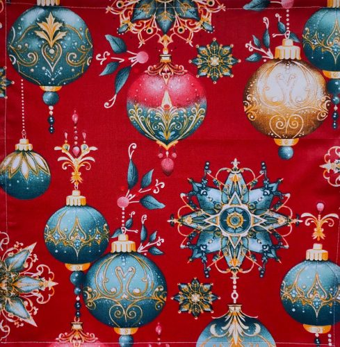 Ünnepi Textil Szalvéta Szett Dobozban - Karácsonyi Gömbdísz mintás Bordó alapszínen