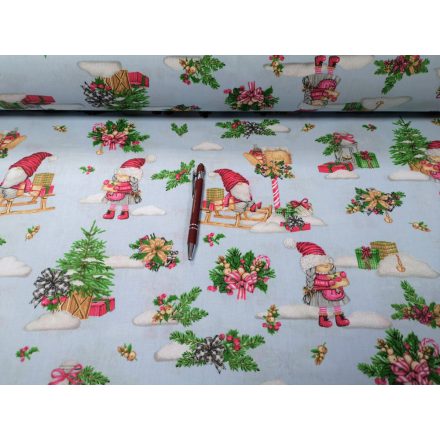 Kislány - szánkó mintás karácsonyi pamutvászon textil - szürkéskék - 160 cm széles
