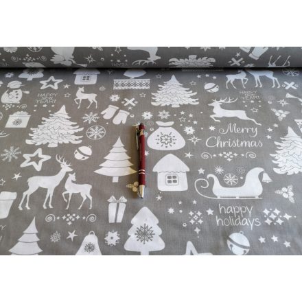 Szürke alapon fehér karácsonyi motívumos pamutvászon - 160 cm