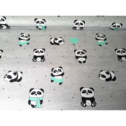 Szürke - menta panda mintás pamutvászon 160 cm széles 