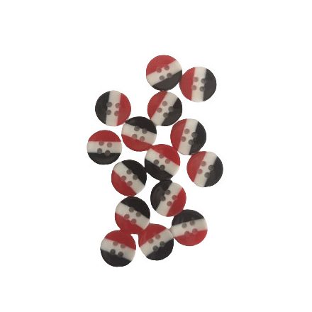 4 lyukú piros - fehér - fekete csíkos műagyag gomb - 12 mm