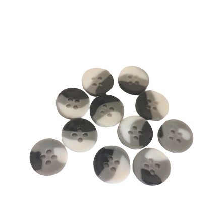 4 lyukú szürke - fehér - fekete csíkos műagyag gomb - 14 mm
