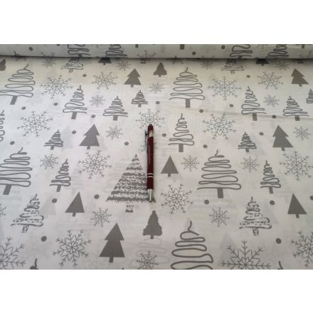 Karácsonyi pamutvászon fehér alapon szürke fenyőfa - hópehely mintás - 160 cm 