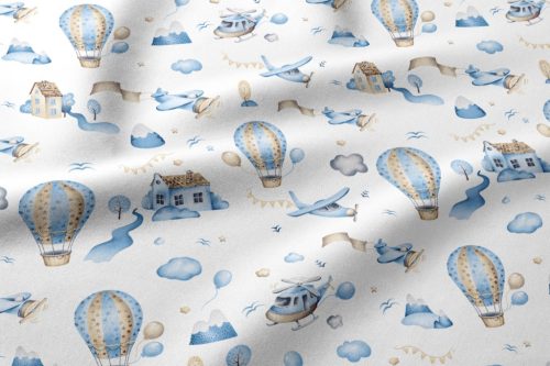 Pamutvászon textil - 160 cm / kék - szürke repülő hőlégballon mintás