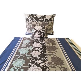   Szürke - kék csíkos - virágos 3 részes ágynemű huzat szett 140x220 cm