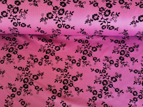 Sötét mályva színű műszálas jersey textil - fekete bársonyvirágos - 170 cm széles