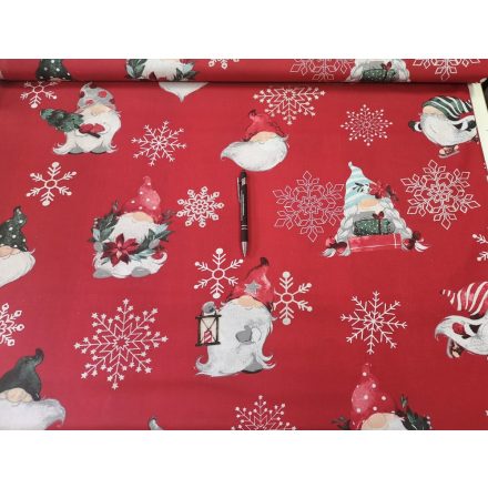 Piros alapon korcsolyázó karácsonyi manó mintás pamutvászon - 160 cm