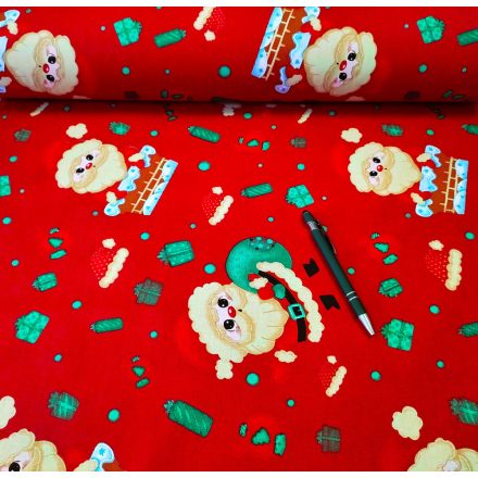 Piros alapon - Télapó  Zöld ajándékokkal / Karácsonyi pamutvászon textil - 240 cm