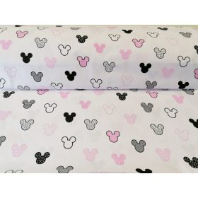   Fehér alapon rózsaszín csíkos - pöttyös egérfejes pamutvászon