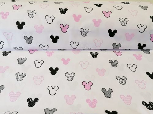 Fehér alapon rózsaszín csíkos - pöttyös egérfejes pamutvászon