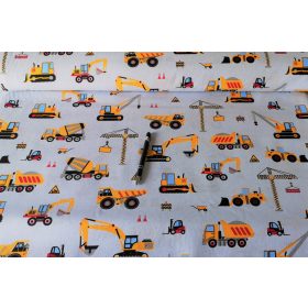 Pamutvászon méteráru szürke alapon sárga munkagépes 