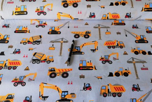 Pamutvászon méteráru szürke alapon sárga munkagépes 