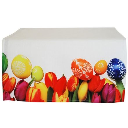 Húsvéti asztalterítő - asztalközép 60x120 cm fehér alapon tojás + tulipán mintás