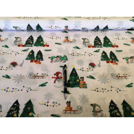 Hóember - fenyőfa mintás karácsonyi pamutvászon textil - fehér