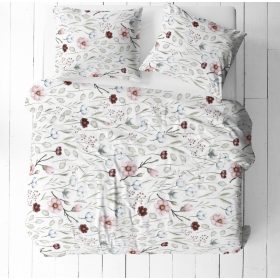   Pamut 3 részes ágynemű huzat szett - 140x200 cm / rózsaszín virág - zöld levélen