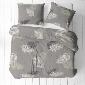 3 részes pamut ágynemű garnitúra kispárnahuzattal - 140x200 cm ,szürke alapon levél mintás.