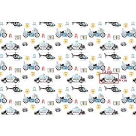   Kék rendőr motor mintás pamutvászon fehér alapon 160 cm széles