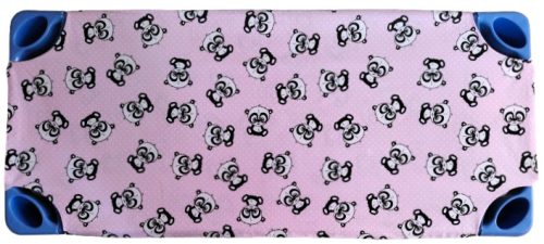 Kétrétegű Gumifüles lepedő óvodai fektetőre - rózsaszínpöttyös Panda mintás - 58x130 cm 