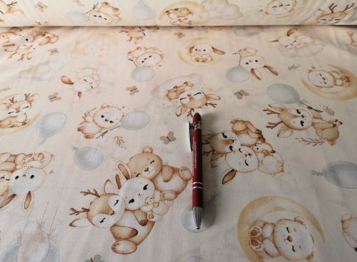 Maradék pamutvászon Textil- 160 x 45 cm / Bézs alapon Cuki állatkölykök mintával