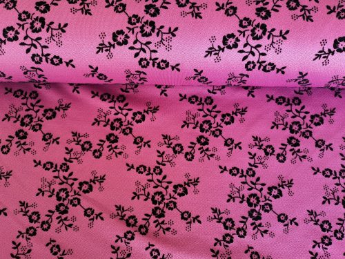 Sötét mályva színű műszálas jersey textil - fekete bársonyvirágos - 170 x 30cm 