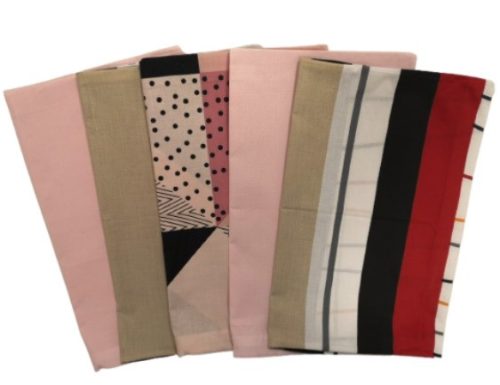 Pamut kispárna huzat csomag 5 db-os,  II. osztályú  rózsaszín, mályva-fekete pöttyös, bézs-szürke mintás