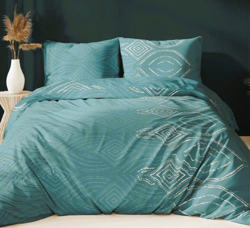 Pamutszatén 3 részes ágynemű huzat - 140x200 cm / elegáns petrol zöld - ezüst modern mintás