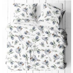   3 részes pamut ágynemű huzat szett - 140X200 cm /  szürkéskék és barna egzotikus virág mintás 