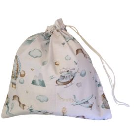   Textil uzsonnás zsák - pamutvászon tasak 30x30 cm / pasztellzöld - barna repülő - hőlégballon mintás